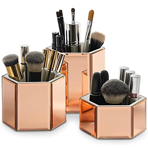 OnDisplay Tressa Set of 3 Hexagon Mirrored Trays for Makeup/Cosmetics, Brushes, Office, Jewelry and Accessories (Rose Gold)