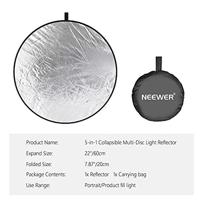 NEEWER 22 Inch/60 Centimeter Light Reflector Light Diffuser 5 in 1 Collapsible Multi Disc with Bag - Translucent, Silver, Gold, White, and Black for Studio Photography Lighting and Outdoor Lighting - size: 60cm