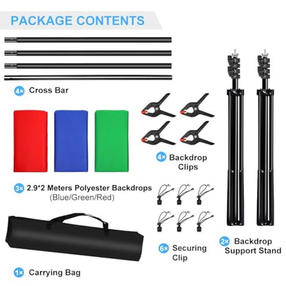 PULUZ Photo Background Support System with 9.5x6.5ft/300x200cm Backdrop Stand Kit, Portable greenscreen Background and Blue Red Backdrop for Photography, Video Shooting, Live Streaming, Party - size: 9.5x6.5 Ft Backdrop Kit