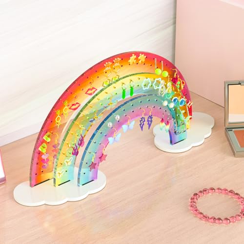 NiHome Rainbow Acrylic Earring Holder for Home, Office, Vanity - Lightweight Multicolored Layered Display with 140 Holes for Up to 70 Pairs, Durable Resistant to Fading & Deformation (Gradient) - color: Rainbow