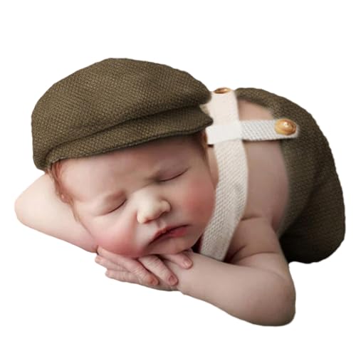 Holibeat Newborn Boy Photography Props Baby Boy Photo Shoot Outfits Infant Gentleman Romper Suits with Hat - color: Olive