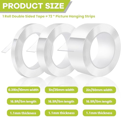 Double Sided Tape Heavy Duty, Removable Nano Double Sided Adhesive Tape, Clear Mounting Tape Picture Hanging Adhesive Strips Waterproof for Walls Photo Crafts Carpet Poster, 2" x 16.5FT - size: 2in x 16.5ft