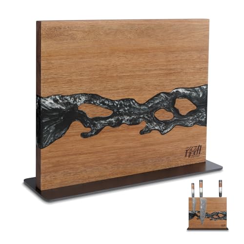 FINDKING Magnetic Knife Block, Double-Sided Knife Holder with Strong Magnets, Acacia Wood and Black White Resin, Countertop Kitchen Knife Storage Stand (12 × 10 Inches, Without Knives) - color: Black White