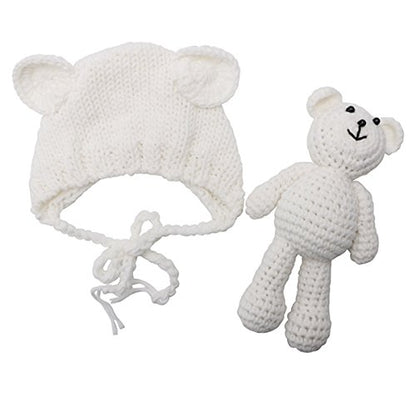 ECYC Newborn Baby Bear Hat Beanie with Bear Dolls Photography Accessories,White - color: White