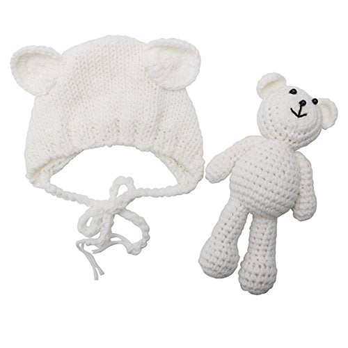 ECYC Newborn Baby Bear Hat Beanie with Bear Dolls Photography Accessories,White - color: White