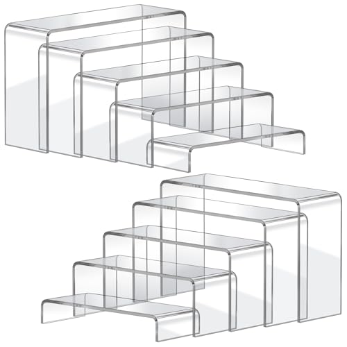 FUNFERY Acrylic Display Risers, 2 Set(7.8" L~8.2" L~8.6" L~9”L~9.3”L) Display Shelf for Figure, Collectibles, Cupcake, 5-Tier Clear Acrylic Stands for Dessert, Jewelry, Candy Showcase - color: Clear, size: 10 Pcs