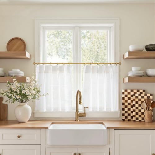 jinchan Linen Pinch Pleated Kitchen Curtains 20 Inch Natural Linen Tier Curtains Back Tab Farmhouse Cafe Style Light Filtering for Bathroom Laundry Room Small Window 2 Panels Off White - color: Pinch Pleated White, size: 26"W x 20"L (Pack of 2)