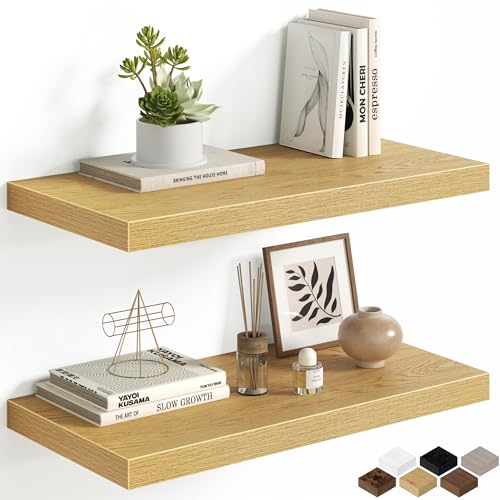 Floating Shelves for Wall, 24 Inch Floating Shelves Set of 2, Wall Mounted Rustic Wood Shelf for Bathroom, Living Room, Bedroom and Kitchen, Hanging Shelf for Storage, Books, Home Decor, Oak - color: Oak, size: 24 Inch, Set of 2