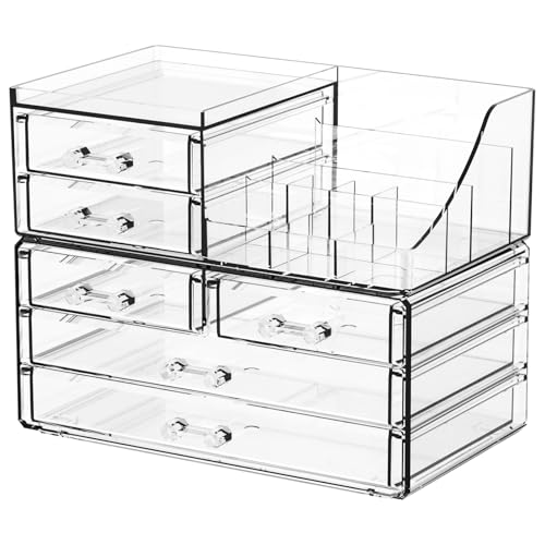 SUOXING Clear Acrylic Makeup Organizer for Vanity,Bathroom,Dresser,6 Drawer Cute Make up Organizers for Counter,Plastic Countertop Makeup Storage for Beauty,Jewelry,Brush,Cosmetic,Skin Care Organizer - size: 6 Drawers