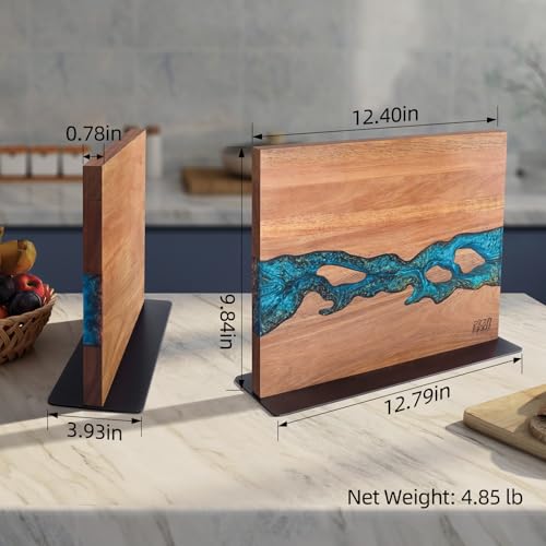 FINDKING Magnetic Knife Block, Double Sided Holder, Powerful Magnet Kitchen Storage, Acacia Wood and Blue Resin (12 x 10 Inches, Without Knives) - color: Blue