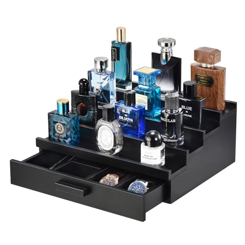 Perfume Organizer for Men, 4 Tier Wood Perfume Display Stand with Velvet Lining Drawer and Hidden Compartment for Watch,Jewelry,Perfume Display Risers,A Gift for Men (Black) - style: 4 Tier - Black