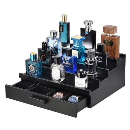 Perfume Organizer for Men, 4 Tier Wood Perfume Display Stand with Velvet Lining Drawer and Hidden Compartment for Watch,Jewelry,Perfume Display Risers,A Gift for Men (Black) - style: 4 Tier - Black