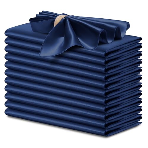 P Pothuiny 12 Pcs Silky Navy Blue Satin Napkins 17 x 17 Inches, Square Smooth Wedding Dinner Napkins Satin Cloth Napkins Table Napkins for Banquet Party Restaurant Decor, Thanksgiving, Christmas - color: Navy Blue