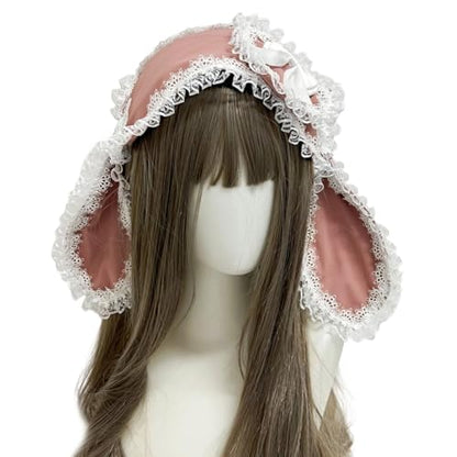 Rabbits Ears Hairband Photo Props Easter Hair Hoop Hairband Party Headpiece Fun Headbands for Music Festival - color: Pink & White Lace