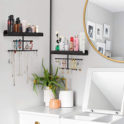 Keebofly Hanging Wall Mounted Jewelry Organizer with Rustic Wood Jewelry Holder Display for Necklaces Bracelet Earrings Ring Set of 2 Black,[Patented] - color: Black