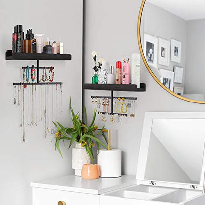 Keebofly Hanging Wall Mounted Jewelry Organizer with Rustic Wood Jewelry Holder Display for Necklaces Bracelet Earrings Ring Set of 2 Black,[Patented] - color: Black