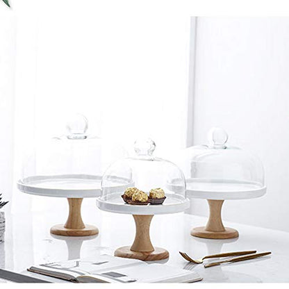 Food Covers,Splatter Covers,Wedding Cake Display Stands, Round Glass Dome Cover Cheese Dome Ceramic Trays with Wooden Base Bread Decoration Stands and Photo Props - size: 27.5cm