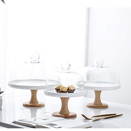 Food Covers,Splatter Covers,Wedding Cake Display Stands, Round Glass Dome Cover Cheese Dome Ceramic Trays with Wooden Base Bread Decoration Stands and Photo Props - size: 27.5cm