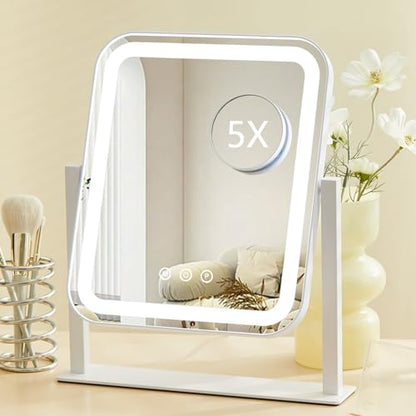 HIEEY Vanity Mirror with Lights, 14.1" x 12" Makeup Mirror with Lights, Three Color Lighting Modes, and 5X Magnification Mirror, Smart Touch Control, 360°Rotation (White,Gift Box) - style: 14.1" x 12" (78 LED)