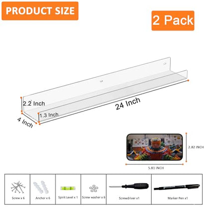 24'' Clear Acrylic Wall Long Shelf 2 Pack, Acrylic Floating Book Shelves, Wall Mounting Invisible Ledge Book Shelf - color: Clear, size: 24 Inch
