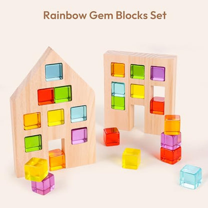 Woodtoe Wooden Building Blocks Set for Kids, 24 PCS Rainbow Gem Cubes Stacking Blocks - 2 Wood House, Montessori Stacking Toy for Toddlers, Educational STEM Sensory Birthday Toy for Boys Girls 3-6 - style: 24 PCS Rainbow Blocks Set