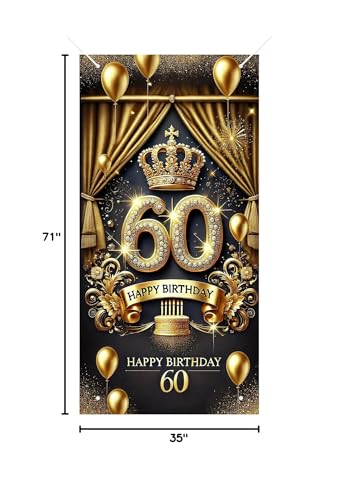 HOMETITUTE 60th Birthday Door Cover 71x35 Inch Royal Gold Birthday Banner for Party Decorations Crown Balloon Cake Backdrop Sign for Women Men Photo Booth Prop Wall Decor - color: Black and Gold Balloons