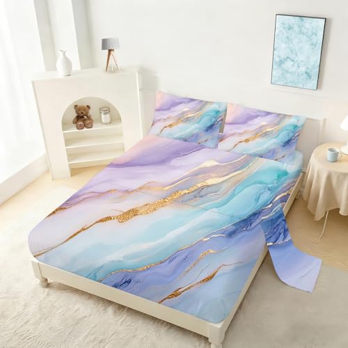 Pastel Marble Sheets Sets Twin Size Elegant Marbling Fitted Sheet Set Colorful Bed Sheet for Kids Teens Adults Modern Bedspread 1 Fitted Sheet+1 Flat Sheet+1 Pillowcase - color: Watercolor Marble, size: Twin