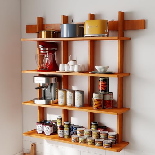 Bookshelf 4 Tier Wall Mounted Book Shelf, Space-Saving Floating Bamboo Bookcase Heavy Duty 600lbs, Storage Display Shelf for Living Room Bedroom Office, 43" W x 52" H