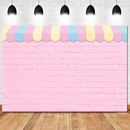 Pink Brick Wall Ice Cream Parlor Photography Background 7X5ft Fabric Princess Girl Kids Baby Girl Birthday Party Backdrops Dessert Cake Table Decor Props Supplies - size: 7x5ft(210x150cm)
