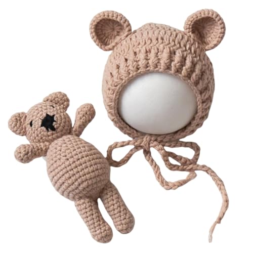 Zeroest Newborn Baby Boy Girl Photography Props Bear Hat Outfits Crochet Kint Handmade Cap Set for Newborn Photo Shoot - color: Light Camel
