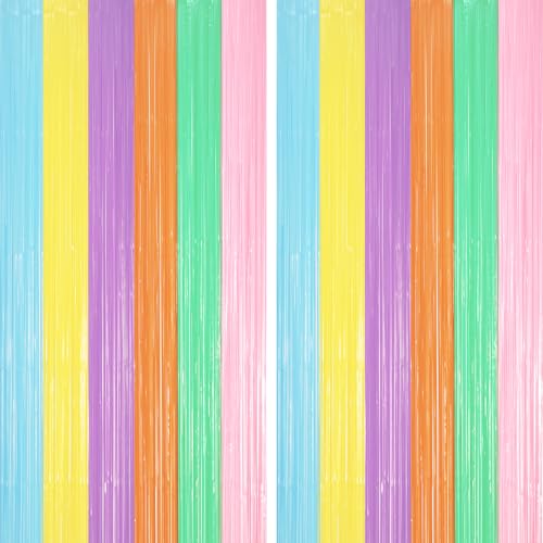 Voircoloria 2 Pack Pastel Rainbow Foil Fringe Backdrop Curtains, Tinsel Streamers Party Decorations, Fringe Backdrop, Door Shimmer for Baby Shower or Birthday Party - color: 47 Pastel Rainbow