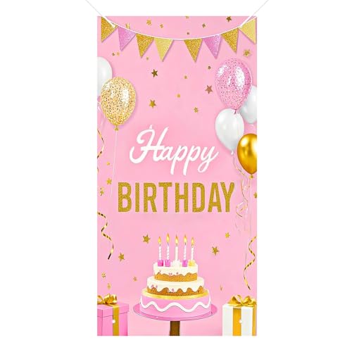 HOMETITUTE Birthday Door Cover 71x35 Inch Pink and Gold Birthday Banner for Party Decorations Cake Balloon Gift Backdrop Sign for Women Girls Kids Photo Booth Prop Wall Use - color: Pink