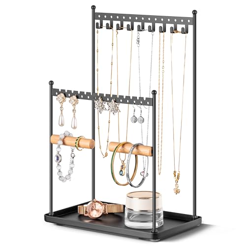 3 Tier Black Jewelry Stand, Necklace Organizer, Earring Holder with 44 Holes and 9 Hooks, for Necklaces, Bracelets, Rings - color: Black