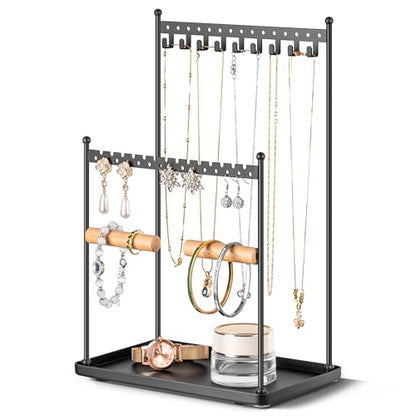 3 Tier Black Jewelry Stand, Necklace Organizer, Earring Holder with 44 Holes and 9 Hooks, for Necklaces, Bracelets, Rings - color: Black