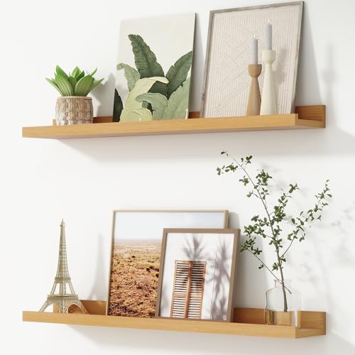 FLYJOE Picture Ledge Shelf, Floating Shelves Set of 2, 32 Inches Nursery Book Shelves for Toys Storage, Kids Bookshelf Wall Mounted for Living Room Bedroom Decor Books Photo Frames, Natural Oak - color: Natural Oak, size: 32'', Set of 2