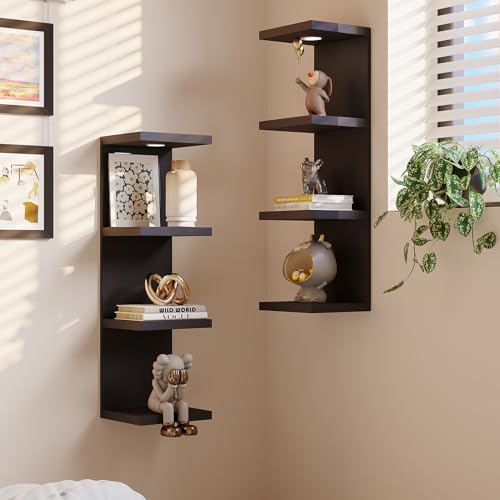 LitaEther Versatile 4 Tier Wall Shelf Unit,Black Lack Wall Shelf,Display Floating Shelf with LED Remote Control Light - color: Black, size: 4 Tier