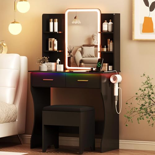 Vanity Desk with LED Lights Mirror & Power Outlet, Small Makeup Vanity Table Set with Storage Drawers & Chair, 3 Lighting Modes & Adjustable Brightness, Dressing Table for Women Girls Bedroom, Black - color: Black, size: 2 Drawers