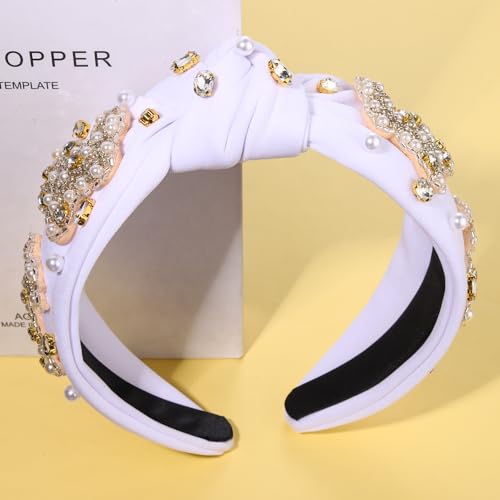 NVENF Easter Rabbit Headband - White Pink Crystal Pearl Knotted Hair Accessory for Women, Spring Holiday Outfits Gifts (Rabbit A - White) - color: Rabbit A - White