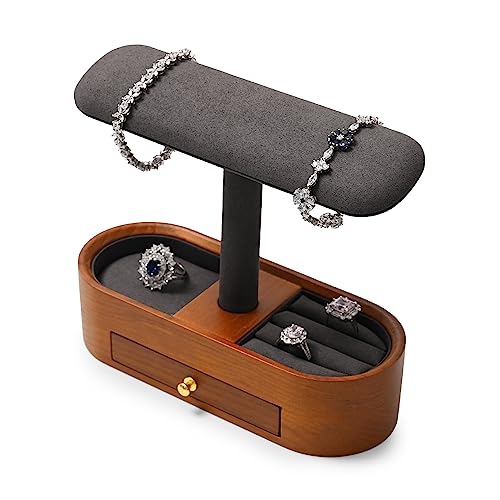 Oirlv Solid Wood Watch Stand with Drawer T-bar Watch Holder Organizer for Men and Women Showcase Bracelet Bangle Jewelry Display Stand Rings Earrings Necklace Storage(Drawer,Grey) - color: Grey, size: Option 2 with drawer