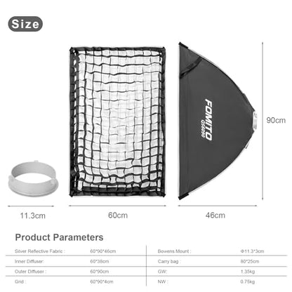 FOMITO 24"x35"/60x90cm Rectangular Softbox, Quick Release Bowens Mount Softbox with Honeycomb Grid, Light Diffusers, Bag for Godox SL-60W SL60IID SL150R SL300R Aputure 120d etc - color: 24*35inch/60*90cm
