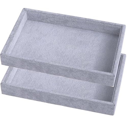 2 Pcs 9" x 5.7" Velvet Jewelry Tray Jewelry Display Tray, Stackable Empty Plate Trays for Earrings Necklaces Bracelet Rings Display Showcase - Grey - color: Grey, size: Flat Tray 9"x5.7"