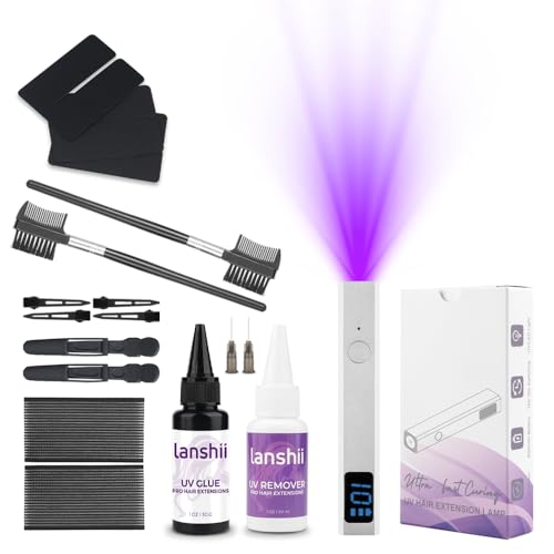 UV Lamp Hair Extension Tool Kit Invisible Hair Extensions UV Lamp 30g UV Hair Glue with 30ml Glue Remover Plastic Eyebrow Comb for UV Hair Set Eyelashes Extensions - color: Silver