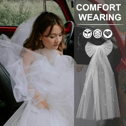 White Bridal Veil Hair Bow Clip with Faux Pearls Double-layer Bow Wedding Accessory for Bride Engagement Photoshoot