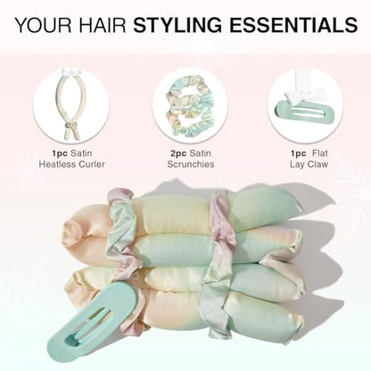 Kitsch Holiday Hair Hero XL Satin Heatless Styling & Flat Lay Claw - Heatless Curls & Waves, Extra Large Curling Rods, Satin Scrunchies & Claw Clip for Hair Protection, Gifts for Women- 4pc set, Aura - color: Aura