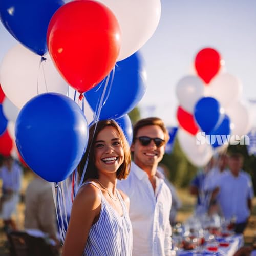 SUWEN Red White and Blue Balloons, 60pcs 12 inch Red White and Blue Decorations Latex Balloons for Independence Day July Patriotic Birthday Anniversary Veterans Party Decorations - color: Red White