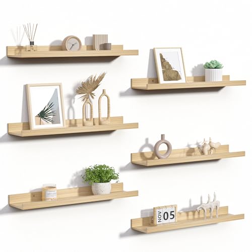 upsimples Floating Shelves for Wall, 23.6 Inch Shelves for Decor Storage Set of 6, Wall Mounted Wood Shelf for Bedroom, Living Room, Bathroom, Kitchen, Long Picture Ledge Shelves, Natural - color: Natural, size: 23.6in