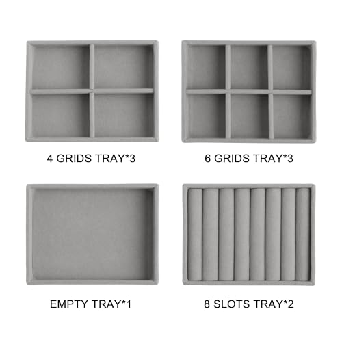 Frebeauty Small Jewelry Tray Set, Stackable Velvet Jewelry Organizer, Drawer Inserts, 4.92 x 3.74 x 0.9 Inches, Earring Organizer for Women (Set of 9, Grey) - color: Grey, size: Mixed Set 9