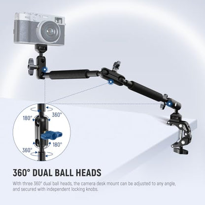 NEEWER Magic Arm Camera Mount, Overhead Desk Phone Mic Stand Holder, 22" Articulating Boom Arm C Clamp 1/4" 3/8" Threads for ARRI for Microphone Webcam Action Camera Video Light, Cleaning Cloth, UA057 - style: UA057 w/Cleaning Cloth
