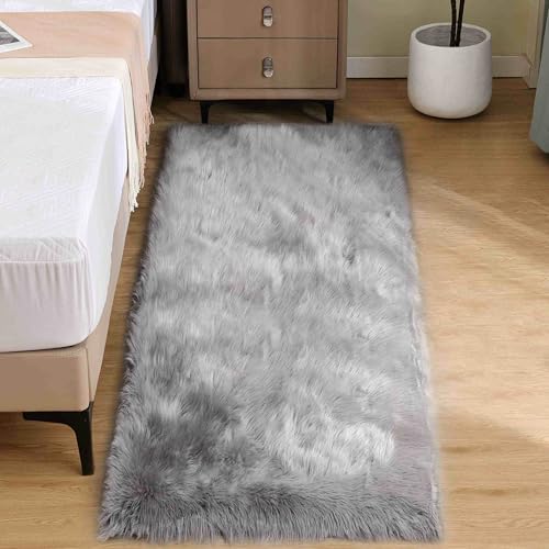 Goolela Grey Fluffy Fuzzy Furry Rug 2x6 for Bedroom Bedside Runner Faux Sheepskin Fur Shaggy Soft Plush Rectangle - color: Grey, size: 2' x 6' (Rectangular)