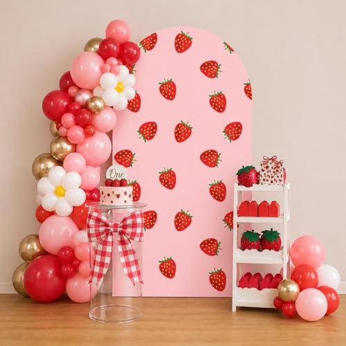 Red Plaids Sweet Strawberries Arch Backdrop Cover Double-Sided Arch Stretchy Cover Berry First Pink Birthday Party Girls Baby Shower Parties Decors (3.3X6.5ft,GX-2076) - color: GX-2076, size: 3.3X6.5ft
